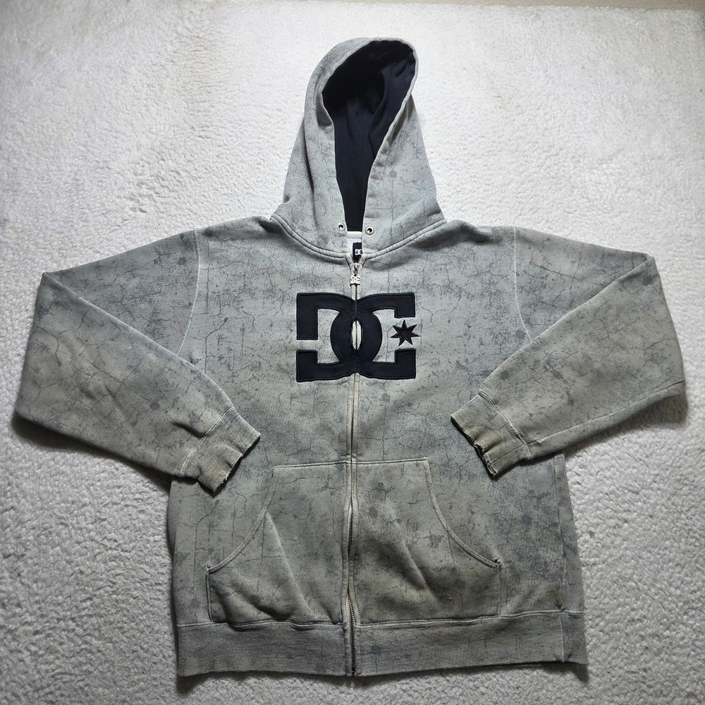 Y2K DC Shoes Zip Hoodie Mens Medium Gray Grunge Logo Skater faded Distressed